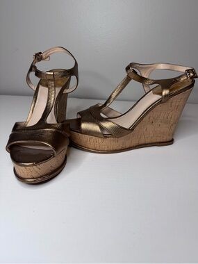 Vince Camuto gold cork wedges
